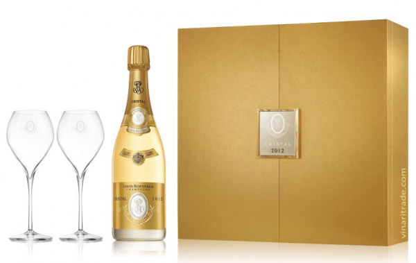 Шампанско Луи Рьодерер Кристал Брут винтидж Шампан 0.75 л в Подаръчна Кутия с 2 Чаши
